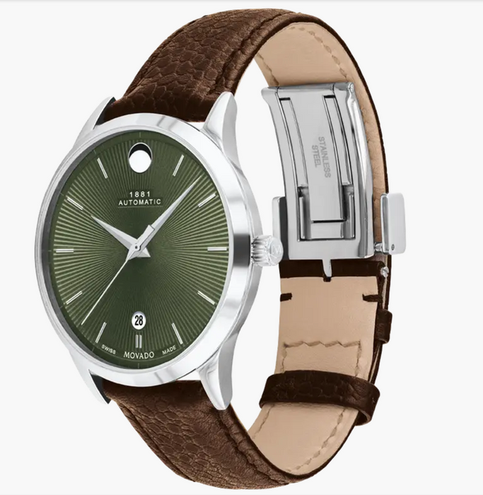 Movado 1881 Automatic Brown Leather strap/Green Dial 40mm Unisex Watch 0607853.