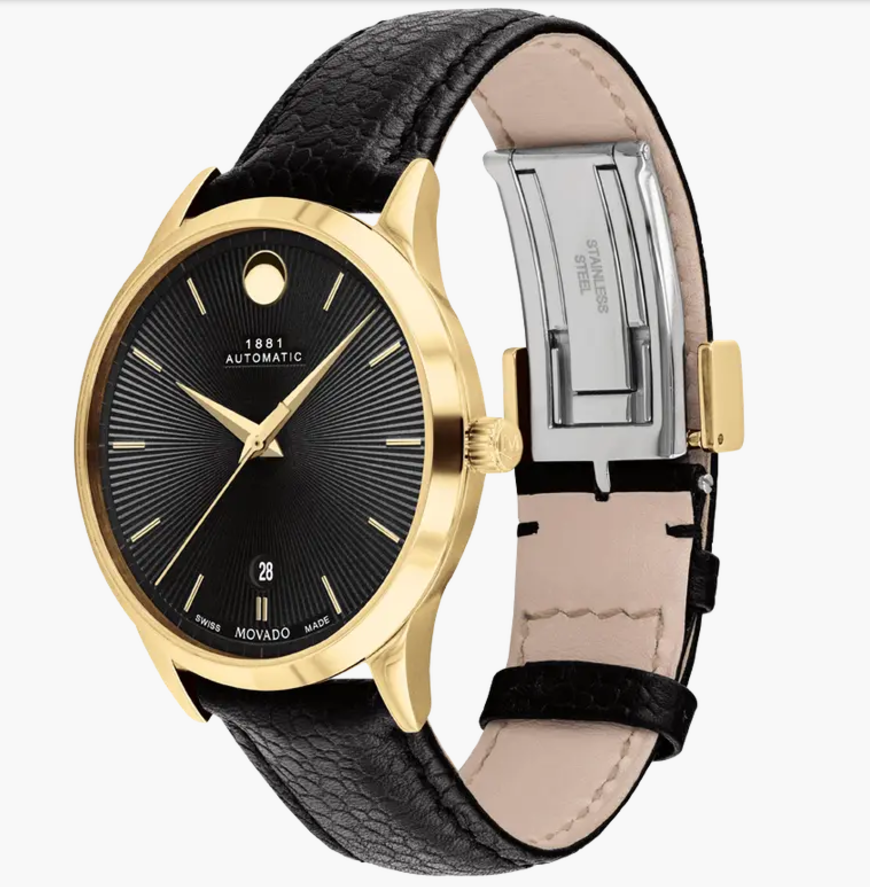 Movado 1881 Automatic Black Leather strap/Gold Dial 40mm Unisex Watch 0607614.