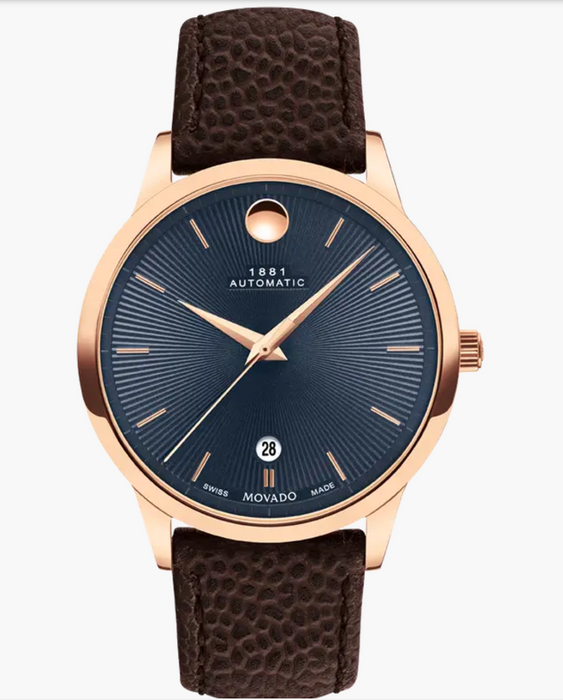 Movado 1881 Automatic Brown Leather strap/Blue Rose Gold Dial 40mm Unisex Watch 0607617.