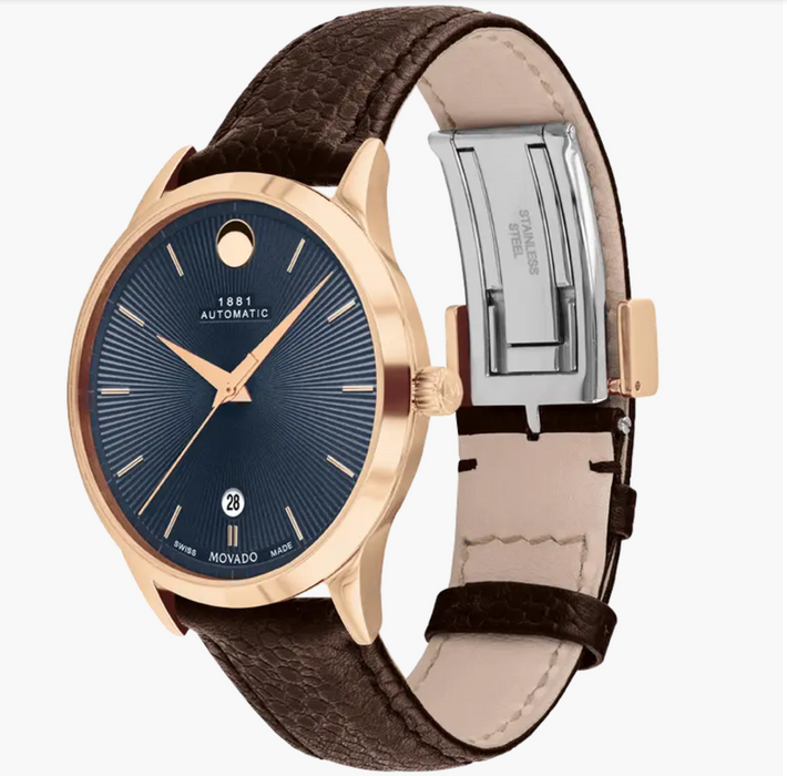 Movado 1881 Automatic Brown Leather strap/Blue Rose Gold Dial 40mm Unisex Watch 0607617.