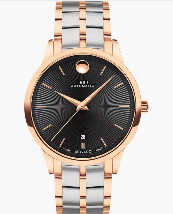 Movado 1881 Automatic Yellow PVD-finished stainless steel/Black Rose Gold Dial 40mm Unisex Watch 0607621.