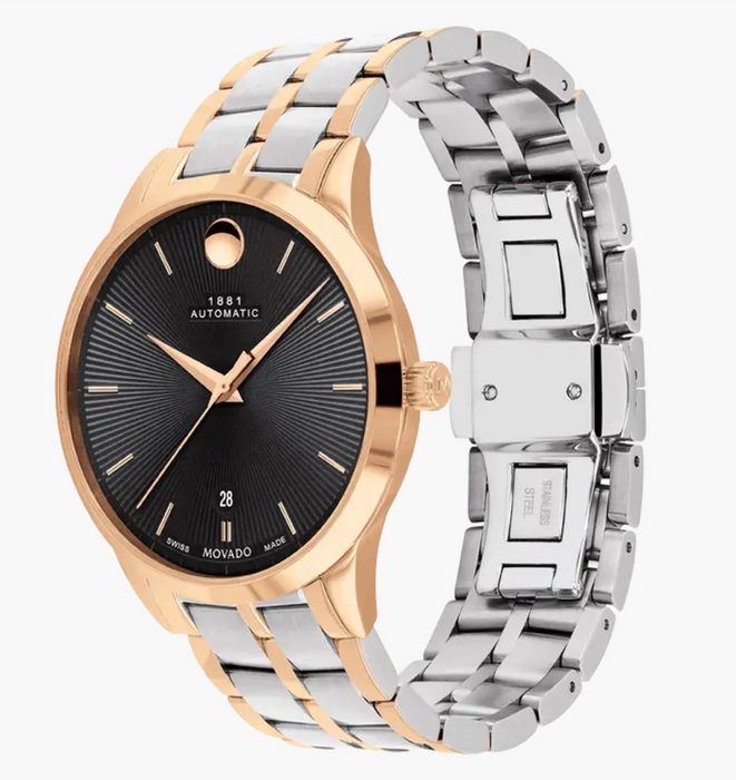 Movado 1881 Automatic Yellow PVD-finished stainless steel/Black Rose Gold Dial 40mm Unisex Watch 0607621.