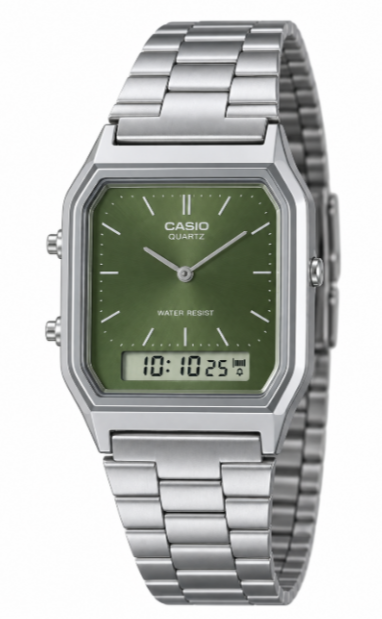 Casio Vintage Silver Watch with Green Dial Analog-Digital Watch AQ230A-3A