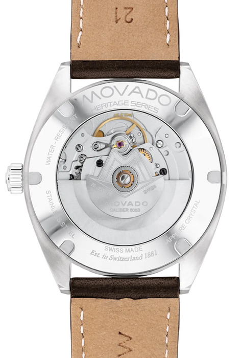 Movado Heritage Series Datron Automatic 3650145 Chocolate Calfskin strap/White with index 40mm Unisex Watch