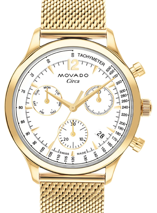 Movado Heritage Series Circa 3650138 Yellow gold ionic-plated stainless steel mesh bracelet/White with index 43mm Men's Watch