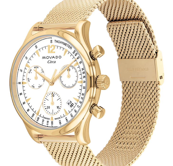 Movado Heritage Series Circa 3650138 Yellow gold ionic-plated stainless steel mesh bracelet/White with index 43mm Men's Watch