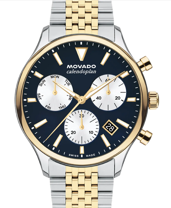 Movado Heritage Series Calendoplan 3650211 Two-tone stainless steel link bracelet/Navy with index 43mm Men's Watch