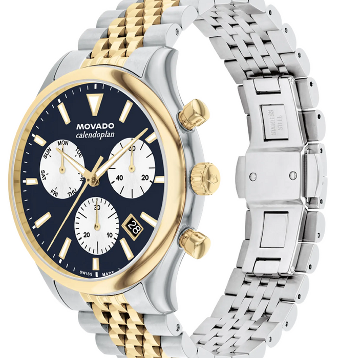 Movado Heritage Series Calendoplan 3650211 Two-tone stainless steel link bracelet/Navy with index 43mm Men's Watch