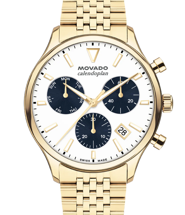 Movado Heritage Series Calendoplan 3650210 Pale Gold ionic plated Stainless steel link bracelet/White with index 43mm Men's Watch