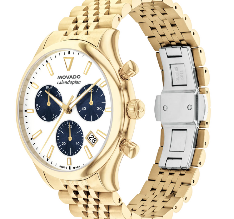 Movado Heritage Series Calendoplan 3650210 Pale Gold ionic plated Stainless steel link bracelet/White with index 43mm Men's Watch