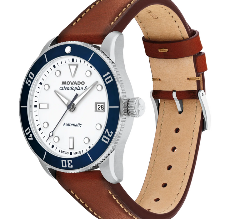 Movado Heritage Series Calendoplan S Automatic 3650223 Cognac leather strap/White with index 40mm Unisex Watch