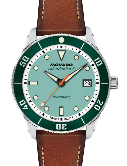 Movado Heritage Series Calendoplan S Automatic 3650227 Cognac leather strap/Aqua with index 40mm Unisex Watch