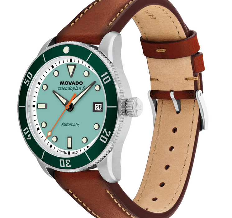 Movado Heritage Series Calendoplan S Automatic 3650227 Cognac leather strap/Aqua with index 40mm Unisex Watch