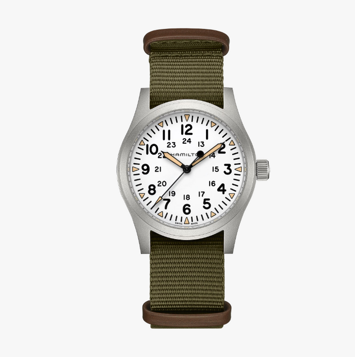 Hamilton Khaki Field Mechanical 42mm White Dial Green Strap Men Watch H69529913