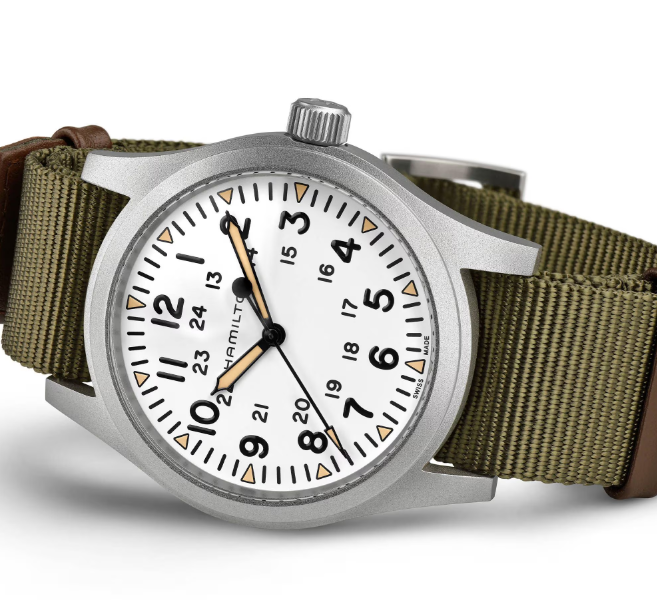 Hamilton Khaki Field Mechanical 42mm White Dial Green Strap Men Watch H69529913