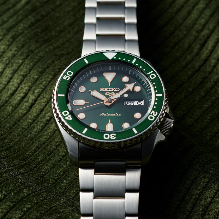 Seiko 5 Sports Green Dial Rose gold accent Stainless Steel Men's Watch SRPD63