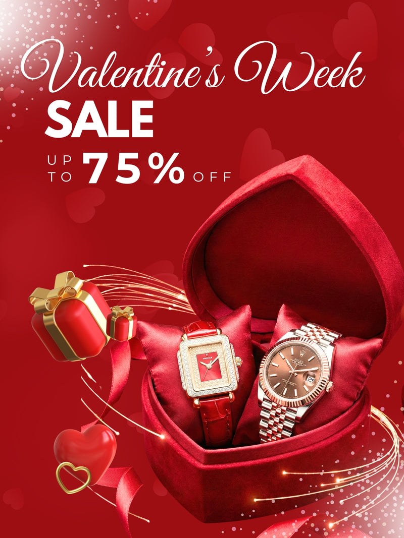 Valentine's Week sale advertisement with two watches in a heart-shaped box on a red background.