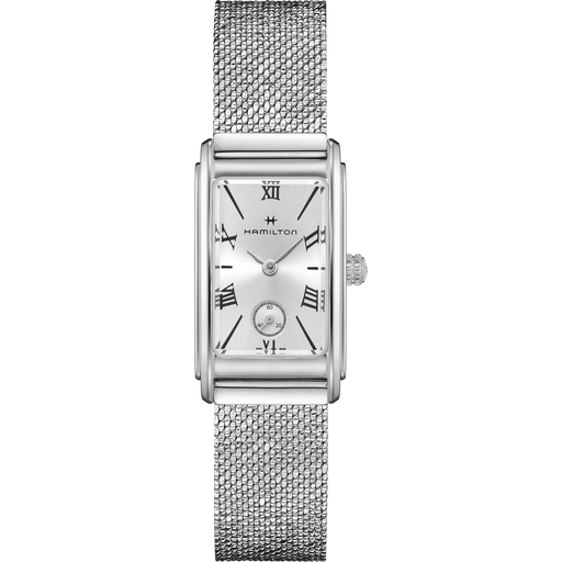 Silver Hamilton watch with mesh band on a white background