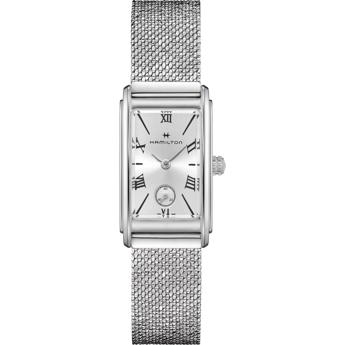 Silver Hamilton watch with mesh band on a white background