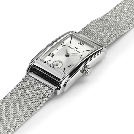 Silver Hamilton watch with mesh band on a white background
