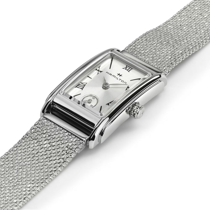 Silver Hamilton watch with mesh band on a white background