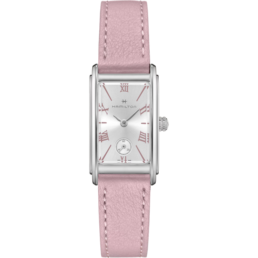 A Hamilton women's watch featuring a silver-tone rectangular case, a silver dial with rose-gold Roman numerals and hands, and a light pink textured leather strap.