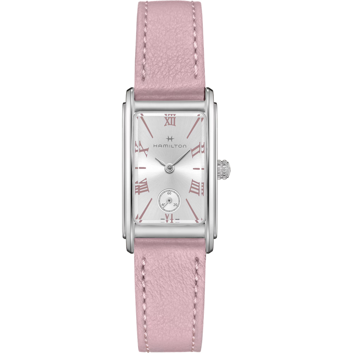 A Hamilton women's watch featuring a silver-tone rectangular case, a silver dial with rose-gold Roman numerals and hands, and a light pink textured leather strap.