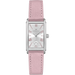 A Hamilton women's watch featuring a silver-tone rectangular case, a silver dial with rose-gold Roman numerals and hands, and a light pink textured leather strap.