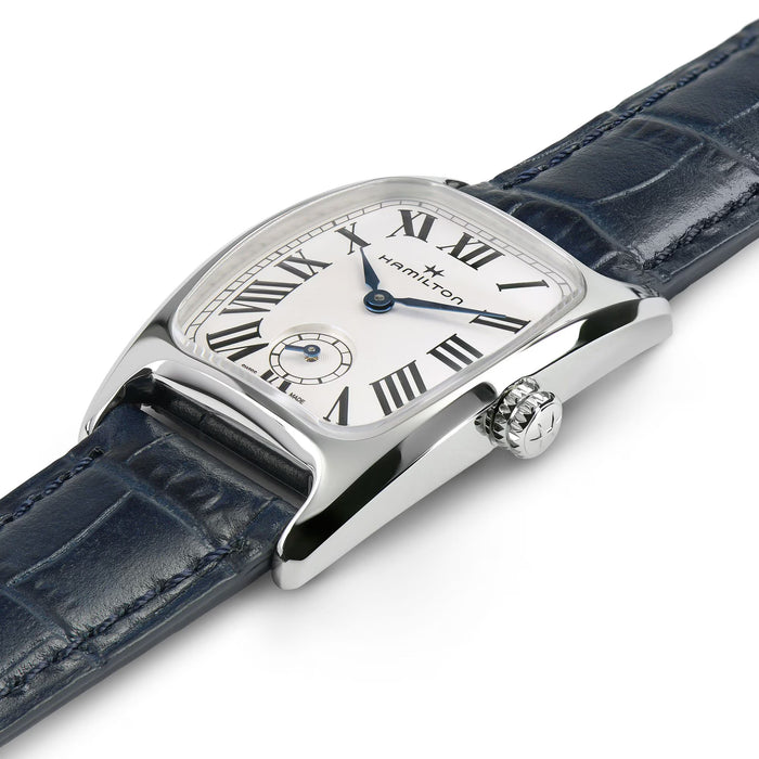 Hamilton watch with blue leather strap on a white background