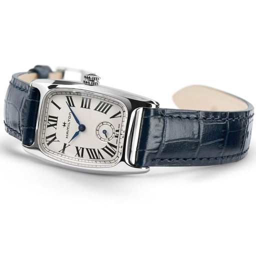 Hamilton watch with blue strap on a white background