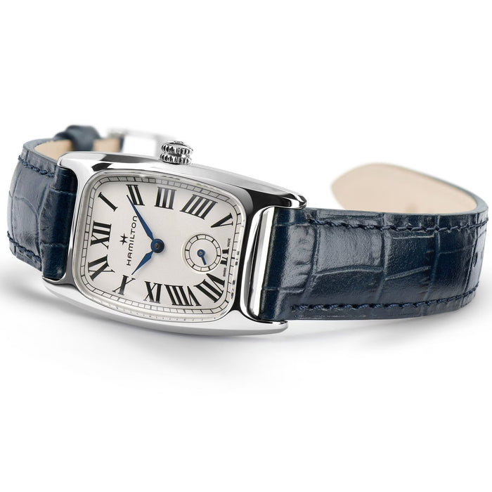 Hamilton watch with blue strap on a white background