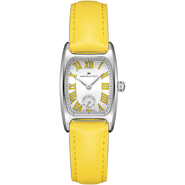 Hamilton watch with yellow leather strap on a white background