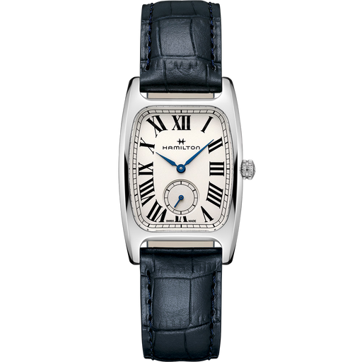 Hamilton watch with black leather strap on a white background