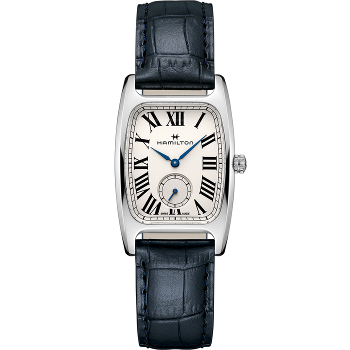 Hamilton watch with black leather strap on a white background