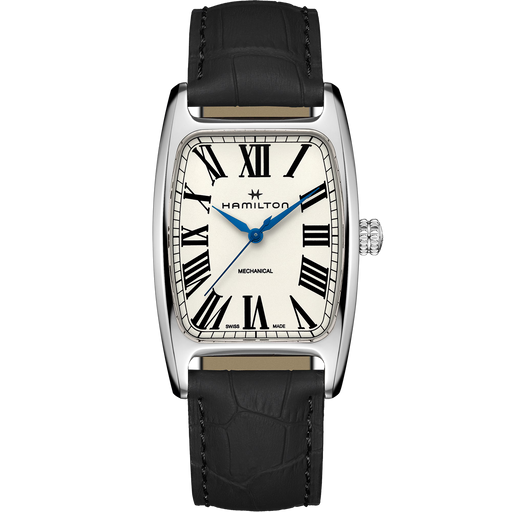 Hamilton watch with black leather strap and white face on a white background