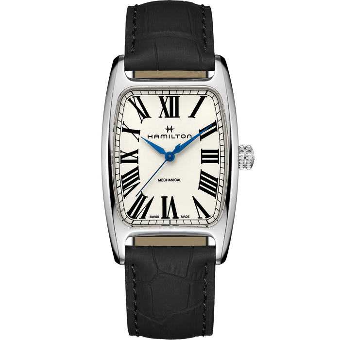 Hamilton watch with black leather strap and white face on a white background