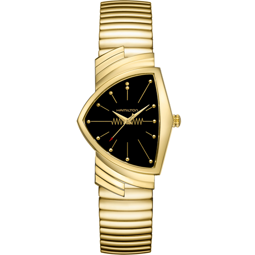 Gold Hamilton watch with black face on a white background
