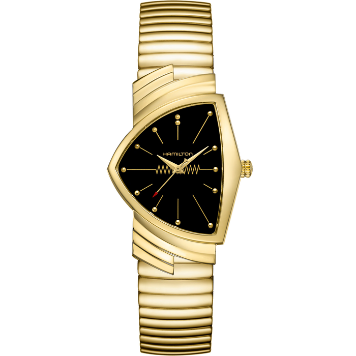 Gold Hamilton watch with black face on a white background