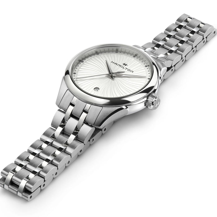 Silver Hamilton watch with a metal bracelet on a white background