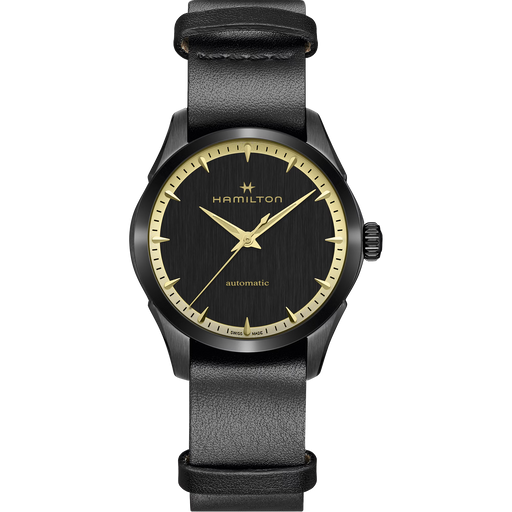 Hamilton watch with black strap and black dial on a white background