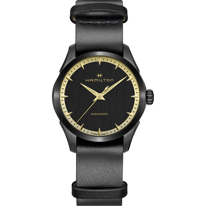 Hamilton watch with black strap and black dial on a white background