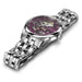 Silver watch with a pink face on a white background