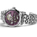 Silver watch with a purple face on a white background