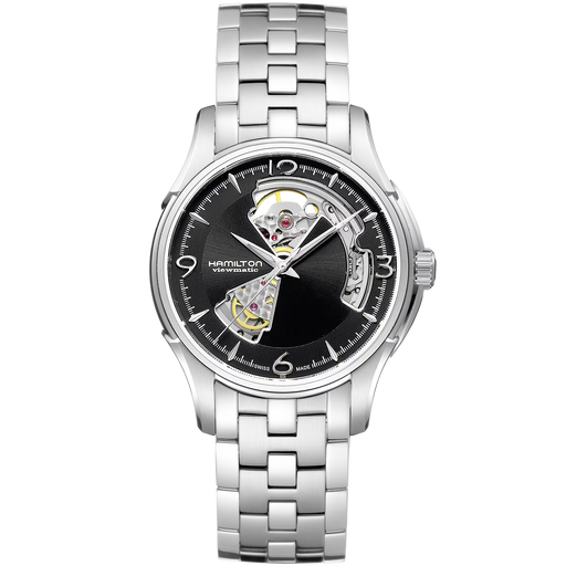 A silver stainless steel automatic skeleton watch by Hamilton, featuring a black dial with skeletonized cutouts showing the inner mechanical movement, set against a plain white background.