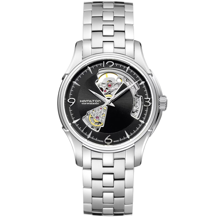 A silver stainless steel automatic skeleton watch by Hamilton, featuring a black dial with skeletonized cutouts showing the inner mechanical movement, set against a plain white background.