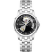 A silver stainless steel automatic skeleton watch by Hamilton, featuring a black dial with skeletonized cutouts showing the inner mechanical movement, set against a plain white background.