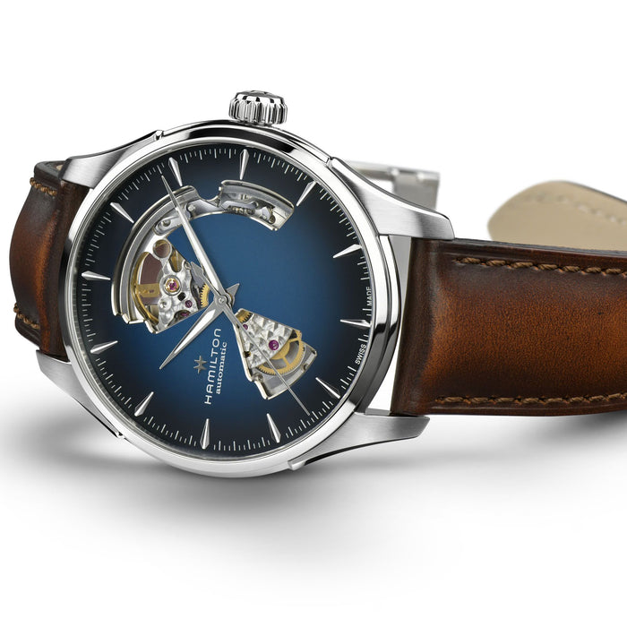 Hamilton watch with brown leather strap and blue face on a white background