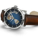 Hamilton watch with brown leather strap and blue face on a white background