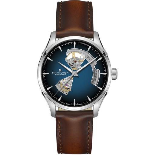 Hamilton watch with brown leather strap and blue face on white background