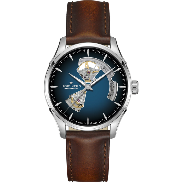Hamilton watch with brown leather strap and blue face on white background